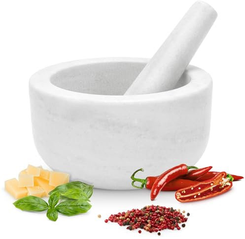 GOURMEO Mortero Cocina con Maza - Juego de Mortero Marmol y Maja 18 cm - Molcajete para Moler Especias Guacamole Pesto Nueces Alioli Mojito - Capacidad 800 ml - Mármol Blanco