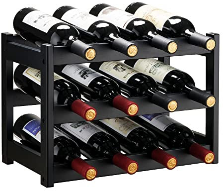 VASMIA Weinregal für 12 Flaschen, Flaschenregal mit 3 Etagen,Flaschenhalter aus Bambus für Keller,Küche, Bar, Esszimmer, Flaschenhalter Holz 43.5x24x30cm, Schwarz