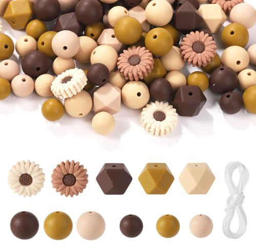 100 Pièces Perle Silicone Marguerite, Fleur de Marguerite Perles en Vrac Hexagonales Rondes Perles d'Espacement avec Corde Élastique pour Bricolage Artisanat Porte-Clés Bracelets Collier