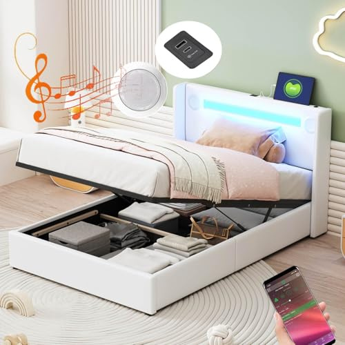 PUGSDRLY Lit Coffre 90x200cm avec Rangement,Lit 1 Place avec Lumineuse LED,Lecteur Bluetooth et Port USB,Lit Adulte avec Sommier à Lattes,Lit Adolescent et Enfant,Cadre de Lit,Blanc