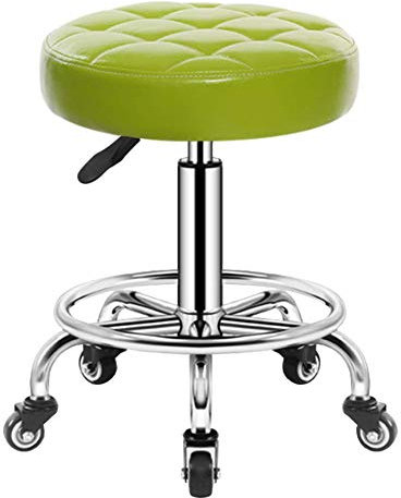 Gardeneea Drehhocker auf Rollen, Verstellbarer Rollhocker, 46-61 cm, gepolsterter Sitz mit Kunstlederbezug, Arbeitshocker für Kosmetikstudio, Büro, weiß (grün)