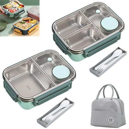 WTKYLMP Escentio Lunch Box, Stainless Steel Lunch Box for Adults, Portable Bento Box, Leakproof Large Capacity Lunch Box Containers, with Divided Compartments A Spoon and Fork (Green,Mix)
