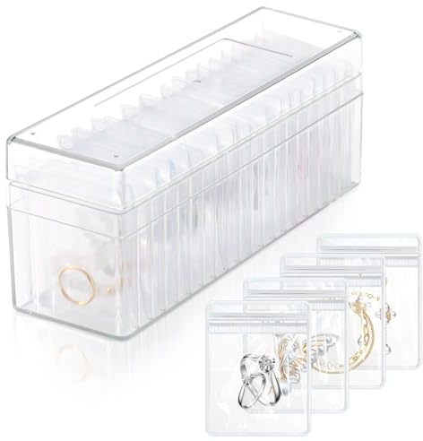 Fatiya Organizador de joyas de acrílico, organizador de joyas transparente con 20 bolsas de joyería portátiles antideslustre, organizador de joyas de viaje para aretes, collares, anillos, 8.4 x 2.8