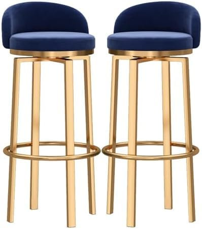 Moderne Barhocker aus Samt mit niedriger Rückenlehne und goldfarbener Fußstütze, 2er-Set, Küchentheke, Höhe, gepolsterter Drehhocker für Esszimmer, Zuhause, Bar, Küche, Insel, Blau, 65 cm