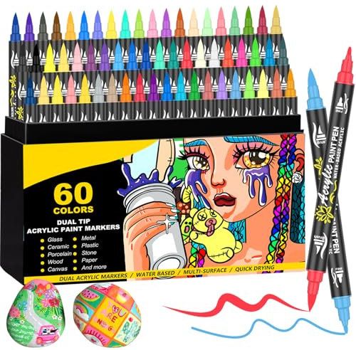 60 Colours Dual Tip Acrylic Paint Pens Set -Acrylic Markers with Brush & Fine Tip for Rock Painting, Wood, Glass, Ceramic, Stone, Fabric, Art Projects, DIY Crafts, Acrylic Paint Pens & Acrylic Markers