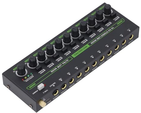 Jectse Mixer Audio a 10 Canali, Mixer Stereo Mono MIX1000 con Luci RGB, Ingressi e Uscite TRS da 1/4'', Rumore Ultra Basso, Mini Mixer di Linea Stereo per Chitarre, Bassi, Tastiere