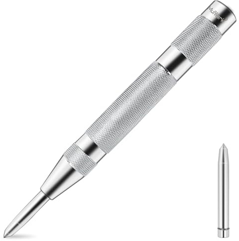 MulWark 6 Automatic Center Punch for Metal - Spring Loaded Center Punch Tool with Extra Replacement Tip - Adjustable Impact One-Handed Spring Puncher for Wood, Plastic, Stainless Steel