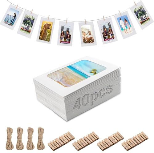 RoadLoo Cadre Photo Carton, 40PCS 11.5 * 15.2CM DIY Kraft Papier Cadres Avec 40 Mini Clips en Bois Cordes en 4 Chanvre pour Anniversaire Mariage pour Décoration de Murale