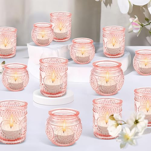 24 Stück Rosa Glas Teelichthalter, 6 x 7 cm Teelichter Teelichtgläser für Hochzeit Deko, Prägung Kerzenhalter Windlicht Votivgläser für Kirche Geburtstag Esstisch Zuhause Weihnachte (Säule & rund)