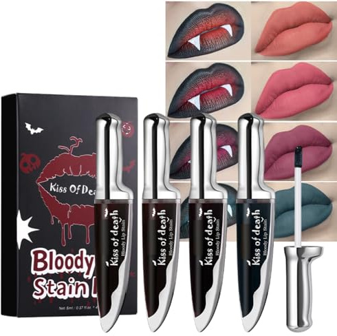 4Pcs Bloody Lip Stain Set,Long-Lasting Waterproof Lip Tint,Matte Liquid Lipstick Non-Sticky Transfer-Proof, 4 Colors Vampire Goth Halloween Makeup Kit with Knife-Shaped Bottle,Lip Gloss Set