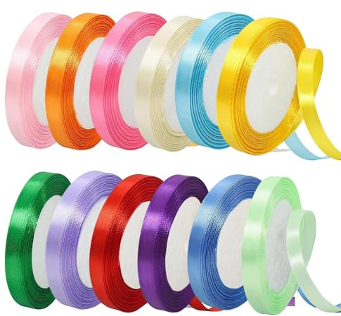12 Rolls Multicolor Satin Ribbon, 10mm X 22m Premium Fabric Ribbon for DIY Crafts, Gift Wrapping, Balloon Decorations and Bows