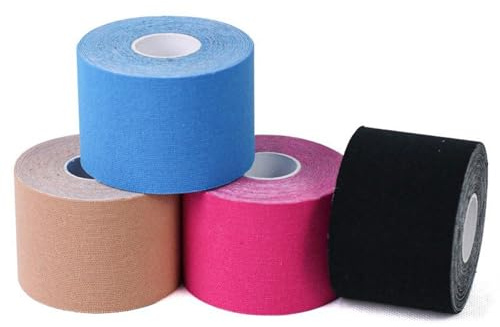 4 Rollos Cinta de Kinesiología Tape, (5mx5cm) impermeable Kinesiotape Deportiva para Hombros, Rodilla, Alivio Dolor Muscular (4 Colores)