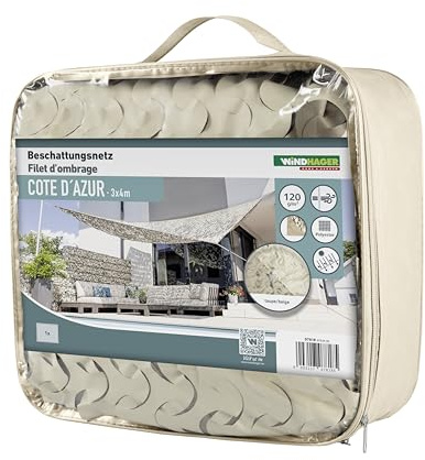 Windhager Beschattungsnetz COTE D´Azur - 3 x 4 Meter - Beige/Taupe - Sonnensegel, Sonnenschutz, Schattennetz, Schattierungsnetz - Terassenüberdachung - geeignet für Terasse, Balkon und Garten