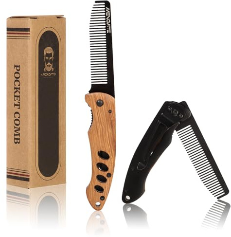1PC Wooden Beard Comb for Men - Folding & Secure Lock & Pocket clip, 0.12lb | Wood Tactical Grooming Tool for Beard & Mustache & Hair Styling, Travel, EDC Outdoor, Camping, Car Essentials, Gift for Men