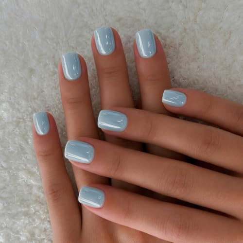 KQueenest Chrome Baby Blau Press on Nails Kurz Eckig, Glänzend Glitzer Nägel zum Aufkleben Kurz, Glasiert Niedlich Fake Nails mit Sparkle Spiegel Design, Natürlich Künstliche Nägel 30 Stück
