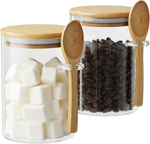 Glass Jars With Lids, 2pcs 450ml Storage Jars With Bamboo Lid & Spoon | Tea Coffee Sugar Canisters, Airtight, Kitchen Storage & Organisation, Spice, Snacks