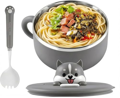 1200ml Ramen Bowls Stainless Steel Noodle Bowl with Lid and Spork, Speedy Soup Bowl with Handles Cute Salad Bowls Heat Resistant Instant Serving Noodle Cooker Pasta Bowl for Office, Home, Dorm