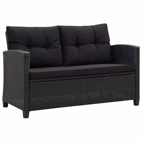QJBSAVVA 2-Sitzer Gartensofa mit Kissen Schwarz 124 cm Poly Rattan Sofa für Balkon Terrasse und Garten Outdoor Couch mit Stahlrahmen Pflegeleichtes PE-Rattan Zweisitzer Loungesofa