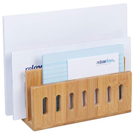 Relaxdays Dokumentenhalter Bambus, 3 Fächer, praktischer Briefständer, fürs Büro, Briefhalter, HBT: 13x18x8 cm, Natur