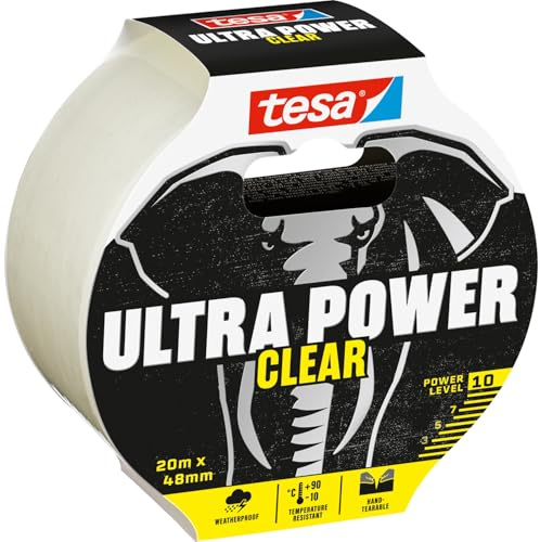 tesa Ultra Power Clear Repairing Tape - Transparentes Reparaturband für unsichtbare Reparaturen - wetterbeständig und handeinreißbar - 20 m x 48 mm