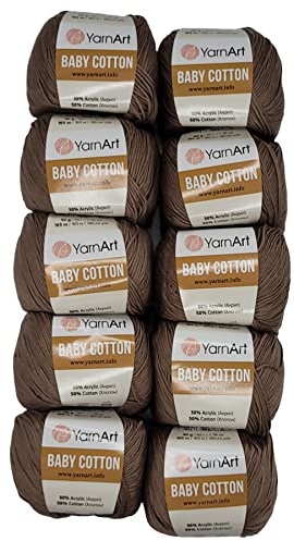 10 x 50g Strickwolle YarnArt Baby Cotton mit 50% Baumwolle, 500 Gramm Wolle einfarbig (braun 407)