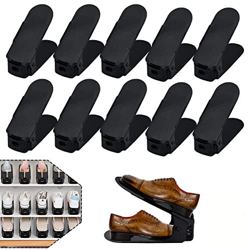 YUENFONG Set di 10 scaffali regolabili per scarpe, 3 altezze, salvaspazio, in plastica antiscivolo (nero)