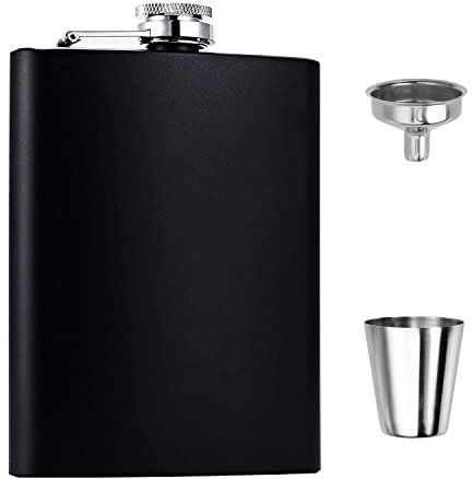 Hip Flask Set, Stainless Steel Flasks with Small Cups and Funnels, 8 oz, Matt Black
