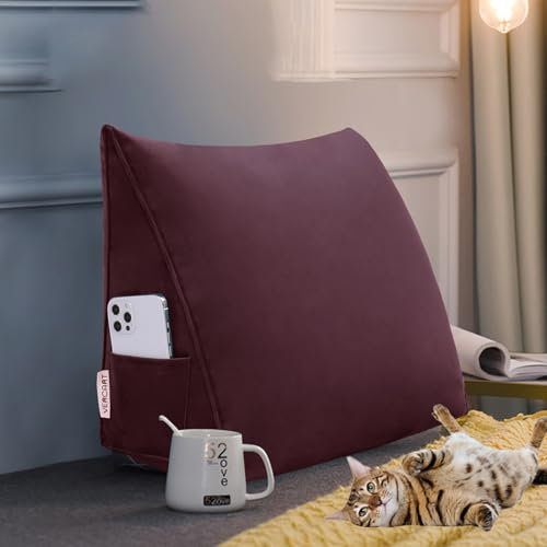 Rucener Großen Dreieckigen Kissen Hohen Rückenlehne Kissen Hohen Rückenlehne Kissen Rückenlehne für Bett Perfekt AlsKissen Zum Fernsehen und Lesen Gibt Es in Vielen Größen Weinrot 45CM