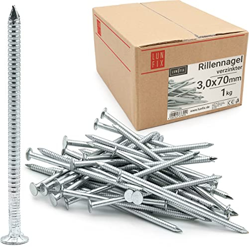 LUN FIX Rillennägel 3,0 x 70 mm verzinkt 1kg ca. 225 Stk Flachkopf | Baunägel Holznägel, Rillenschaft, Holzbau, Tischlerarbeiten, Holzkonstruktion, Zimmermann