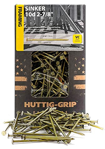 Huttig-Grip 2-7/8 inches Sinker Nails 10d for Construction Framing HGN10CSKR5 Vinyl Coated Finish, 5 lb Pack of 525 Nails