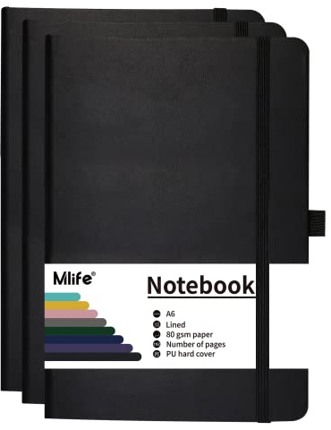 Mlife 3Pack A6 Klein Journal Notizbuch, 192 Seiten, A6 Notizbücher Mini Hardcover mit elastischem Verschlussband und Falttasche (Schwarz)…