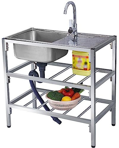 Freistehende Gewerbliche Spülbecken Mit Heiß- Kaltwasserhahn Outdoor Edelstahl Spültisch Einzelbecken Küchenspüle,Für Außen Innen Restaurant Waschküche Garten (100x50cm)