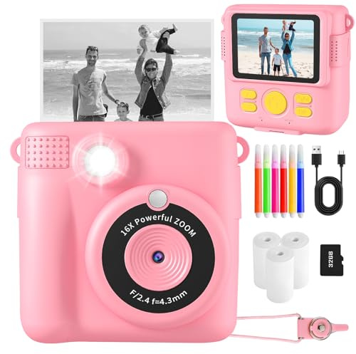 Kids Instant Print Camera, 1080P HD Digital Camera with 32G TF Card & Color Pen, Portable Toy Birthday Gift for 3-10 Year Old Girls