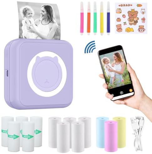 ZAKVOP mini drucker für Smartphone, mini Tragbare Fotodrucker, mini Pocket Printer, Bluetooth thermodrucker für iOS und Android, Aufkleber drucker für Journal, Notizen, Liste, Memo - Lila
