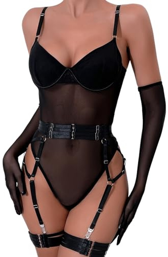 EVELIFE Damen Sexy Body Reizwäsche 3-teiliges Set – Verführerisches Spitzen-Mesh Bodysuit mit Strumpfhalter & Handschuhen, Elegantes Dessous Outfit für Frauen, Schwarz, 42