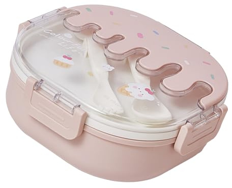 Contenitore porta-pranzo per bambini e adulti, 3 scomparti, in plastica, grazioso contenitore per merenda con forchetta e cucchiaio, per scuola e viaggi (rosa)