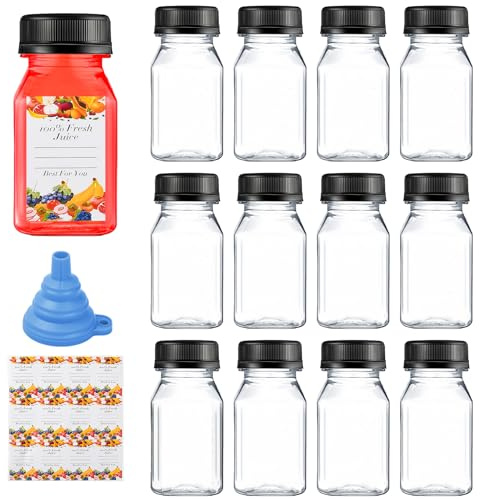Anseom Bottiglie di Plastica con Coperchio, 12 Pezzi Piccole Bottiglie Trasparenti, 100ml Bottiglie Riutilizzabili per Bevande Frutta Latte Frullati