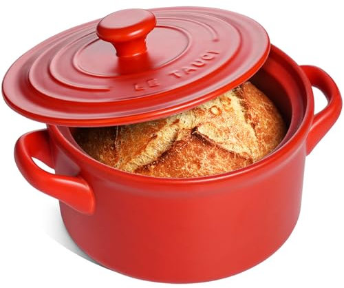 LE TAUCI Horno holandés de cerámica de 3 cuartos para hornear pan, olla holandesa con tapa para pan de masa madre, sartén de cerámica sin revestimiento y no tóxica, uso como olla de sopa y guiso, rojo