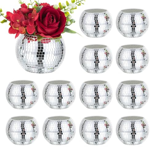 Disco Ball Vases for Table Centerpieces - Hewory 12pcs Silver Mirror Glass Planters Flower Pot Containers, Bulk Disco Balls Bowl Candle Holders for Wedding Bridal Shower Birthday Events Party Decor