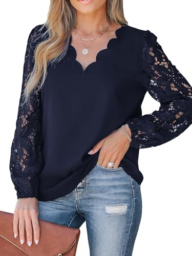 CUPSHE Blusas para mujer, cuello en V, con borde ondulado, manga larga, informal, encaje, túnica, blusas, azul marino, S