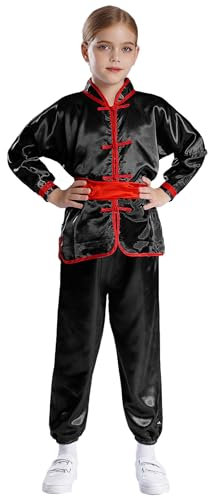JEATHA Unisex Kinder Trainingsanzug Satin Kung Fu Anzug Martial Arts Tai Chi Outfit Langarm Sportjacke Sweatjacke mit Hose Jogginghose Sportbekleidung Schwarz 98-104