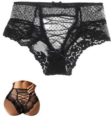 comeondear Women's Lace French Knickers High Waisted Thongs UK 10-24 | Plus Size, Criss Cross Back Thongs Underwear, Adjustable Strap, Ladies Sexy Panties, Bikini Briefs with Bow