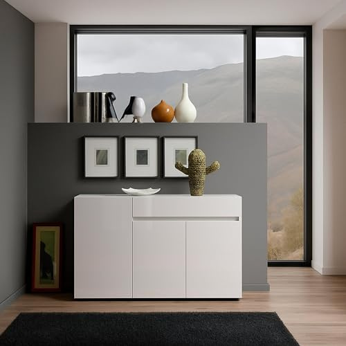 Dmora - Buffet Brits, Buffet du Salon, Commode de Salon, Garde-Manger de Cuisine, Made in Italy, 135x38h79 cm, Blanc Brillant