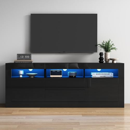 KOMHTOM Meuble TV 160 cm Longueur Noir avec LED et Rangement Table Television Salon avec Deux tiroirs et Portes Meuble de Salon Moderne (Noir, 160 x 35 x 60 cm)