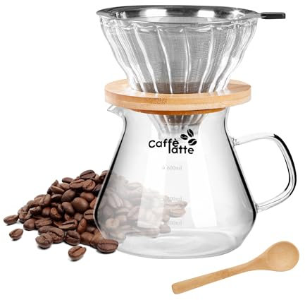 Caffè Latte | Caffettiera Manuale in Vetro Borosilicato 600ml – Caffettiera per Caffè Filtro Espresso con Filtro Riutilizzabile in Acciaio Inox, Caraffa con Base in Bambù e Cucchiaio Incluso