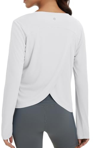 baleaf Camiseta deportiva de manga larga transpirable para mujer, con protector solar, camiseta de entrenamiento ligera, Blanco, M