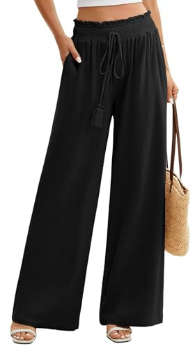 UMIPUBO Pantalones Mujer de Lino Verano Algodón Cintura Alta Elástico Pantalón Casual Deporte Pants Largos Ligeros Flojo Playa Cómodo Pantalon de Anchos con Bolsillos (Negro, L)