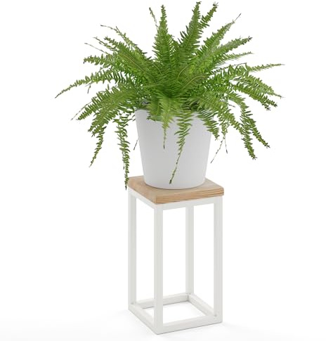 LAMO Manufaktur Blumenständer Weiss Metall | Pflanzenständer Holz mit Natur Farbe | Blumenhocker klein 30 cm für große Zimmerpflanzen | 100% Echtholz | Sockel für Skulpturen
