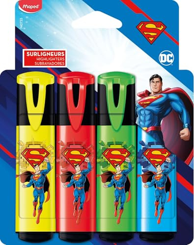 Maped - 4 surligneurs Superman aux Couleurs Éclatantes - Pointe biseautée
