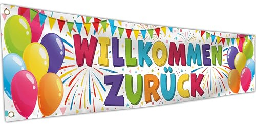 Willkommen Zurück Banner 180 x 40 cm - Herzlich Girlande - Zuhause Deko - Lebendiger Digitaldruck - 110 Den Polyester - Doppelnaht (Weiß)